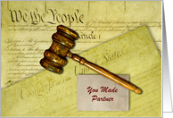 Making Partner in Law Firm Congratulations with Gavel and Documents card
