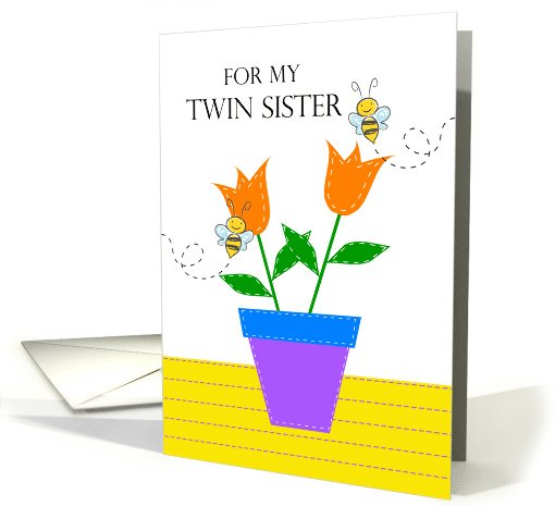 Birthday Twin Sister with Two Orange Tulips and Twin Bees card