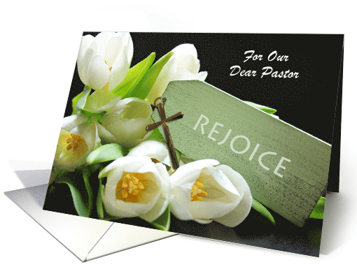 Pastor Easter Rejoice with White Tulips and Cross card (786570)