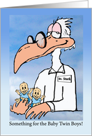 Baby Shower for Twin Boys with Dr. Stork Illustration card