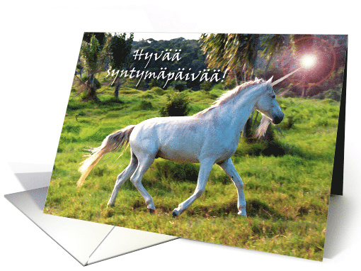 Birthday in Finnish Hyvaa syntymapaivaa with Mystical Unicorn card