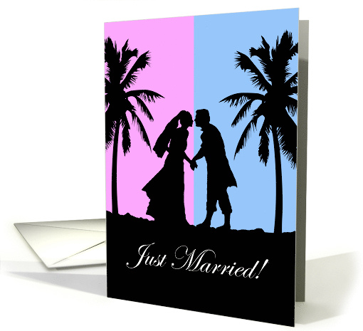 Wedding Announcement, Couple on Beach with Palm Trees Silhouette card