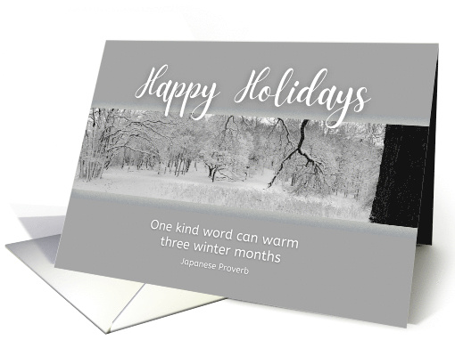 Happy Holidays Snowy Winter Landscape with Japanese Quote card