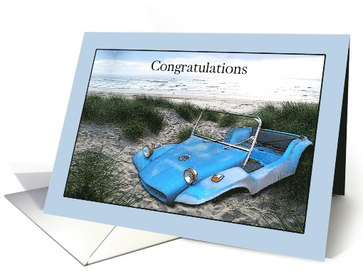 Getting New Car Congratulations with Old Dune Buggy on Beach card