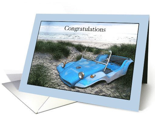 Passing Driving Test Congratulations with Dune Buggy on Beach card