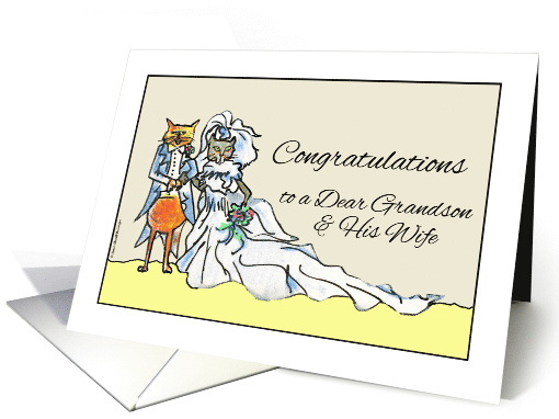 Congratulations on Wedding for Grandson with Bride and Groom Cats card