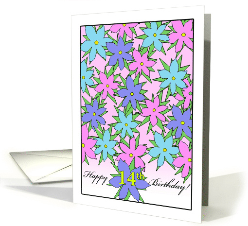 Fourteen Years Old, Birthday Flowers Design in Pink and Blue card