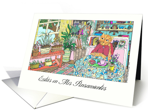 Ests en mis Pensamientos Thinking of You in Spanish with Cat card