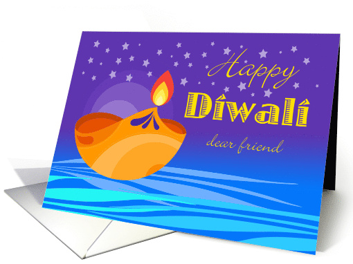 Diwali Wishes for a Friend with Diya Floating Under the Stars card