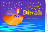 Diwali Wishes for a Friend with Diya Floating Under the Stars card