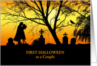 Couple First Halloween with Vampire Kiss in Cemetery card