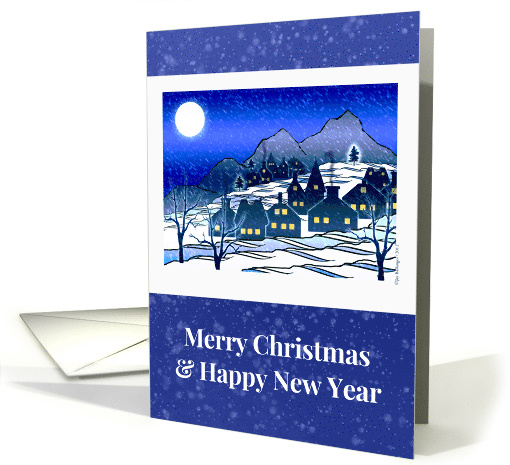 Merry Christmas with Snowy Village Scene in the Mountains card