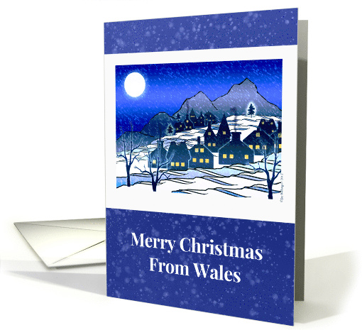 From Wales Merry Christmas with Snowy Village Scene in Blue card