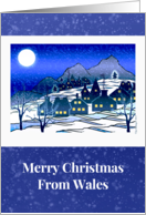 From Wales Merry Christmas with Snowy Village Scene in Blue card