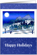 Happy Holidays with Snowy Village Scene in Blue card