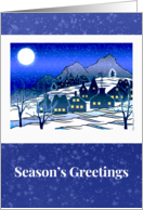Season’s Greetings with Snowy Village Scene in Blue card