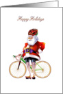 Bicycle riding Santa with muscular legs Christmas card