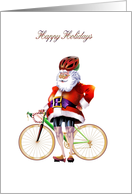 Bicycle riding Santa with muscular legs Christmas card