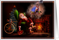 Christmas, Sleeping Santa with Bicycle, Fireplace & Tree Painting card