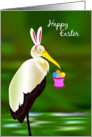 happy easter, stork with rabbit ear and hold a basket of eggs card