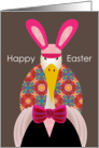 happy easter, stork with rabbit ear and hold a big egg card