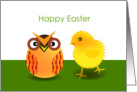 happy easter, little chick looking at an egg with owl pattern card