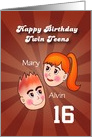 Happy Birthday twin teens, two cartoon boy & girl head, custom front card