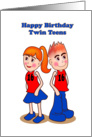 Happy Birthday twin teens, cartoon boy & girl with 16 on the t-shirt card
