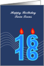 Happy Birthday twin teens, candle shape with 16 on top of another 16 card