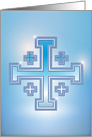 blue color Jerusalem cross with shining on a blue background card