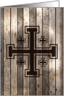 A Jerusalem cross symbol overlay on a wooden background card