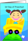 1st Day of preschool, bus, girl card