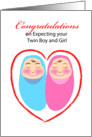 Congratulations On expecting your twin boy and girl in love shape card