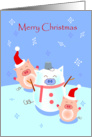 Merry Christmas, two piggies playing with pig snowman card