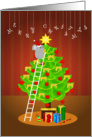 a little mouse puts a star on top of the christmas tree card