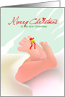 Merry Christmas to new grandma, baby legs tie with red ribbon & bells card