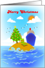 Merry Christmas, cruise line, christmas tree and chair on a island card