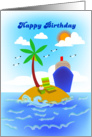 happy birthday, cruise line, cake and chair on a island card