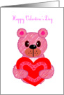 happy valentine’s Day, pink bear hold a love shape pillow card