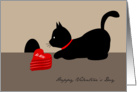 Happy Valentine’s Day, a black cat with hearts that say be mine. card
