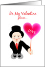 Be my valentine, a cute boy hold a pink love shape balloon with love card