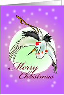 merry christmas, a flying stork with red hat and scarf in a snowing card