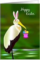 happy easter, stork with rabbit ear and hold a basket of eggs card