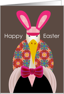 happy easter, stork with rabbit ear and hold a big egg card