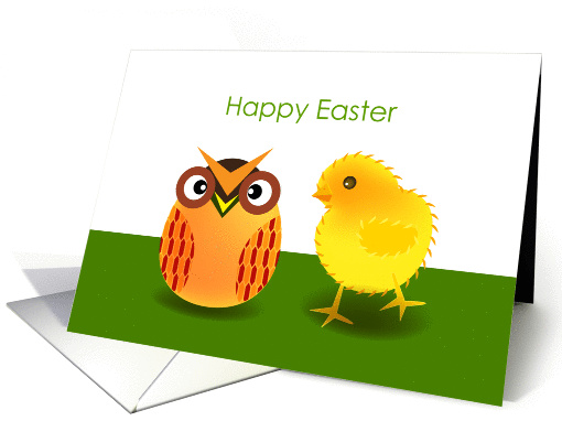 happy easter, little chick looking at an egg with owl pattern card