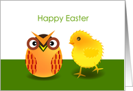 happy easter, little chick looking at an egg with owl pattern card