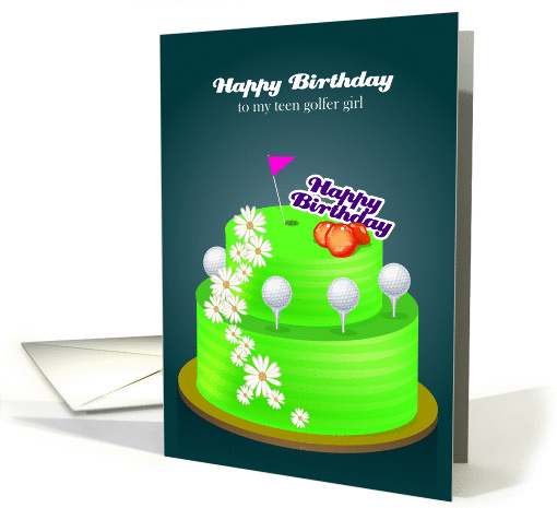 Birthday teen golfer girl, a cake with golf & flower card (1064533)