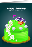 Birthday teen golfer girl, a cake with golf & flower card