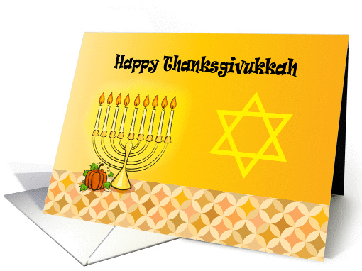 Thanksgivukkah, pumpkin & candles on menorah, Star of David card