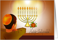 Thanksgivukkah, a boy looking at pumpkin & candles on menorah card